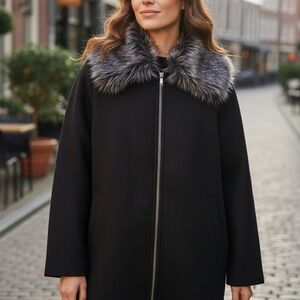 Susan Graver Black Trench  Jacket Coat with Faux Fur Wool Winter Large